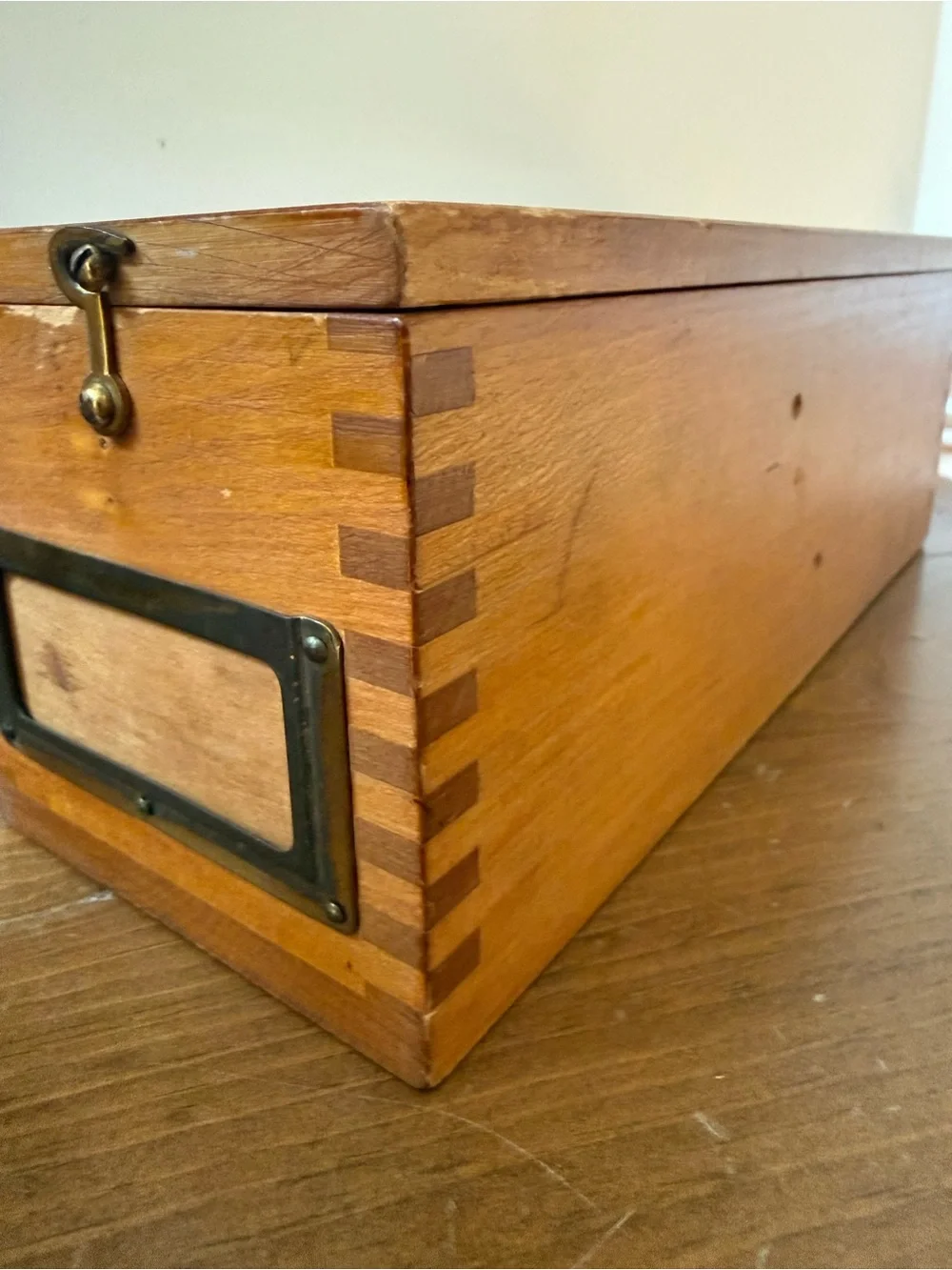 Vintage Dovetailed Wooden Card Catalog Storage Box with brass hardware